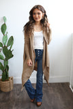Long sleeve knit open front long cardigan with ribbed trim and high low hem. 